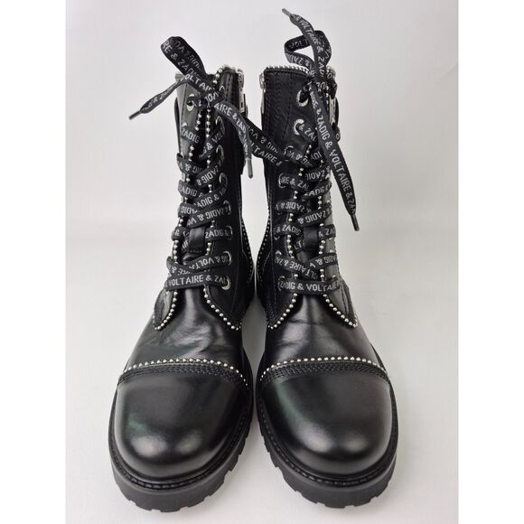 Zadig & Voltaire Women's Black Leather Joe Studded Combat Boots Size 40 - Picture 4 of 7